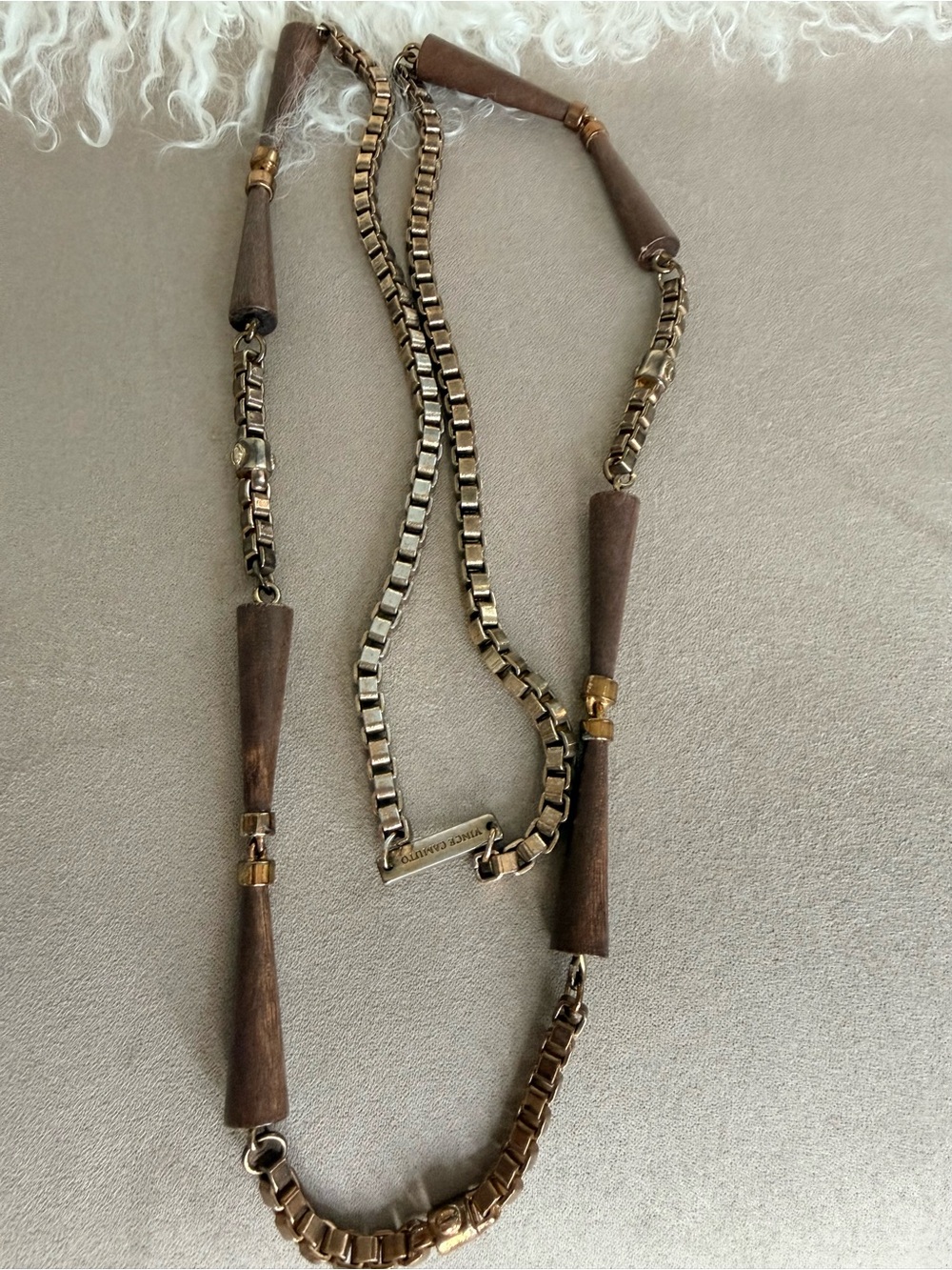 Vince Camuto Long Wood & Antiqued Gold box chain Link Necklace, vintage